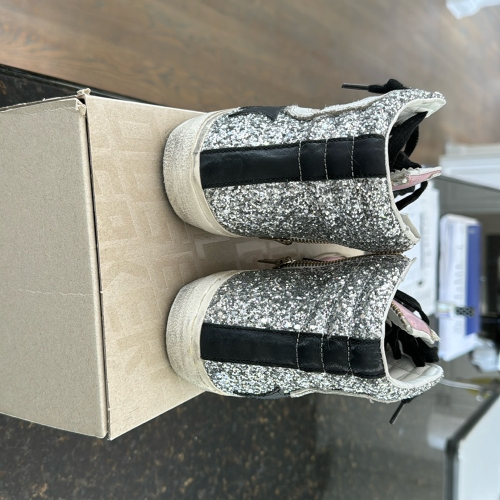 GOLDEN GOOSE SLIDE SIZE 38 Suede toe and tongue,pink laminated side with glitter